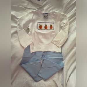 Boys White Pumpkin Long Sleeve Shirt with Blue Pants